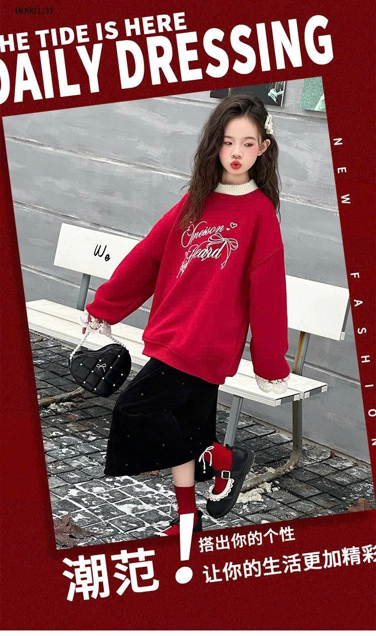 Áo hoodie lót lông cừu kiểu Hàn Quốc mới năm 2025 dành cho BG  - Giá sỉ áo hoodie đỏ : 288k váy nhung đen : 260k