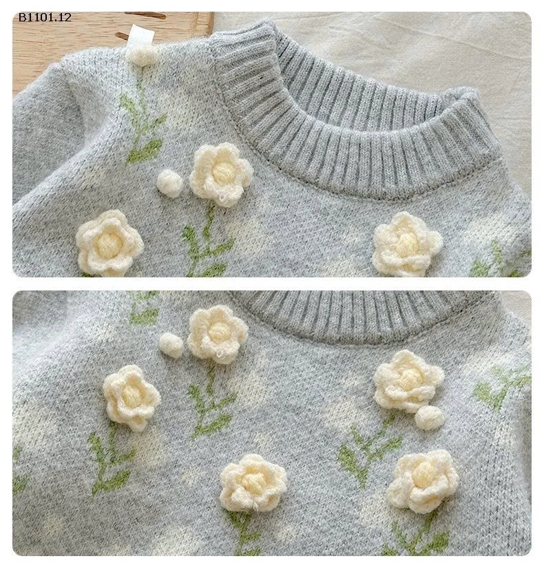 Áo len cổ tròn mùa đông mới cho bé gái, chất liệu len dệt hoa hai tông màu - giá sỉ 242k