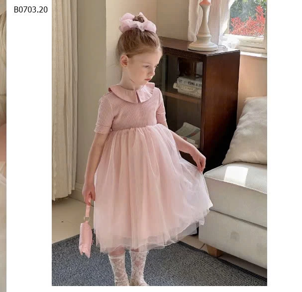 ĐẦM MONTOGHI NGẮN TAY PHỐI CHÂN VOAN-Giá sỉ 240k